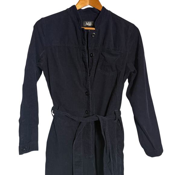 A.P.C. Justine Navy Corduroy Straight Leg Belted Long Sleeve Jumpsuit Size 2 - Picture 7 of 16